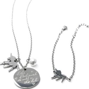 Silver Tone Unicorn Pendant Necklace and Bracelet Set